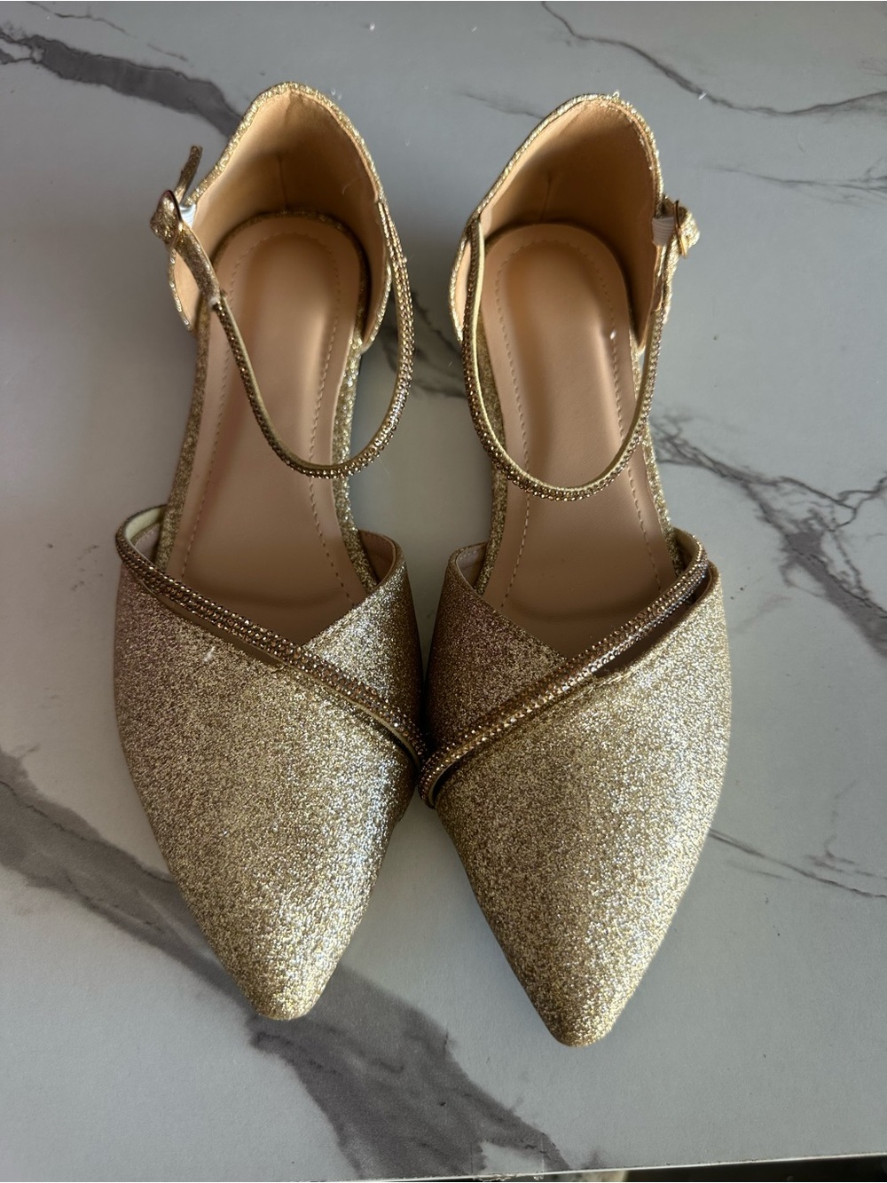 Gold Glitter Pointed-Toe Ankle Strap Flats